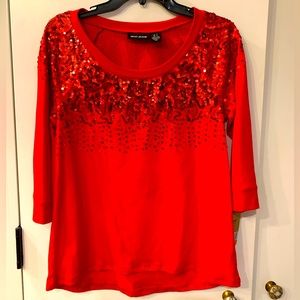NWT DKNY Jeans Red Sequin 3/4 Sleeve Top S
